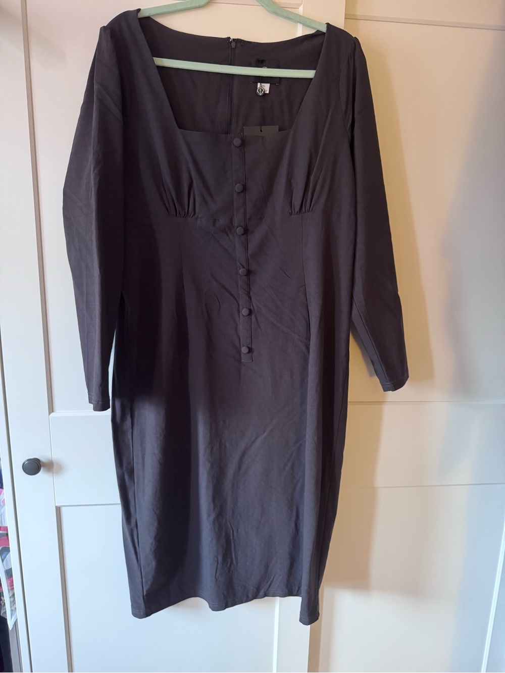 Classic Square-Neck Charcoal Dress with Front Buttons UK20